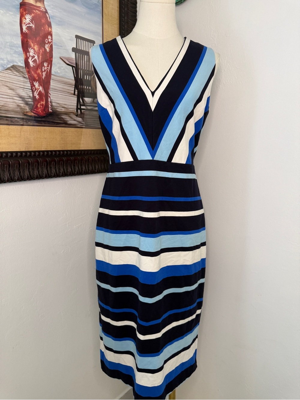 Banana Republic Blue, Navy and White Striped Midi Sheath Dress